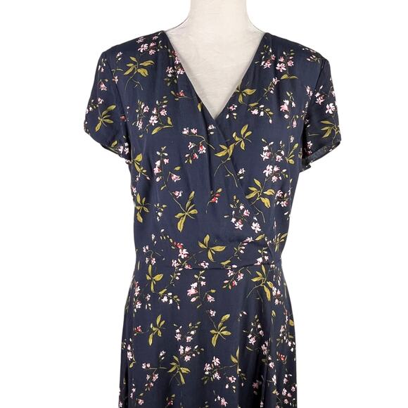 Ann Taylor Navy Blue Floral Midi Faux Wrap Dress 12T - Picture 12 of 14